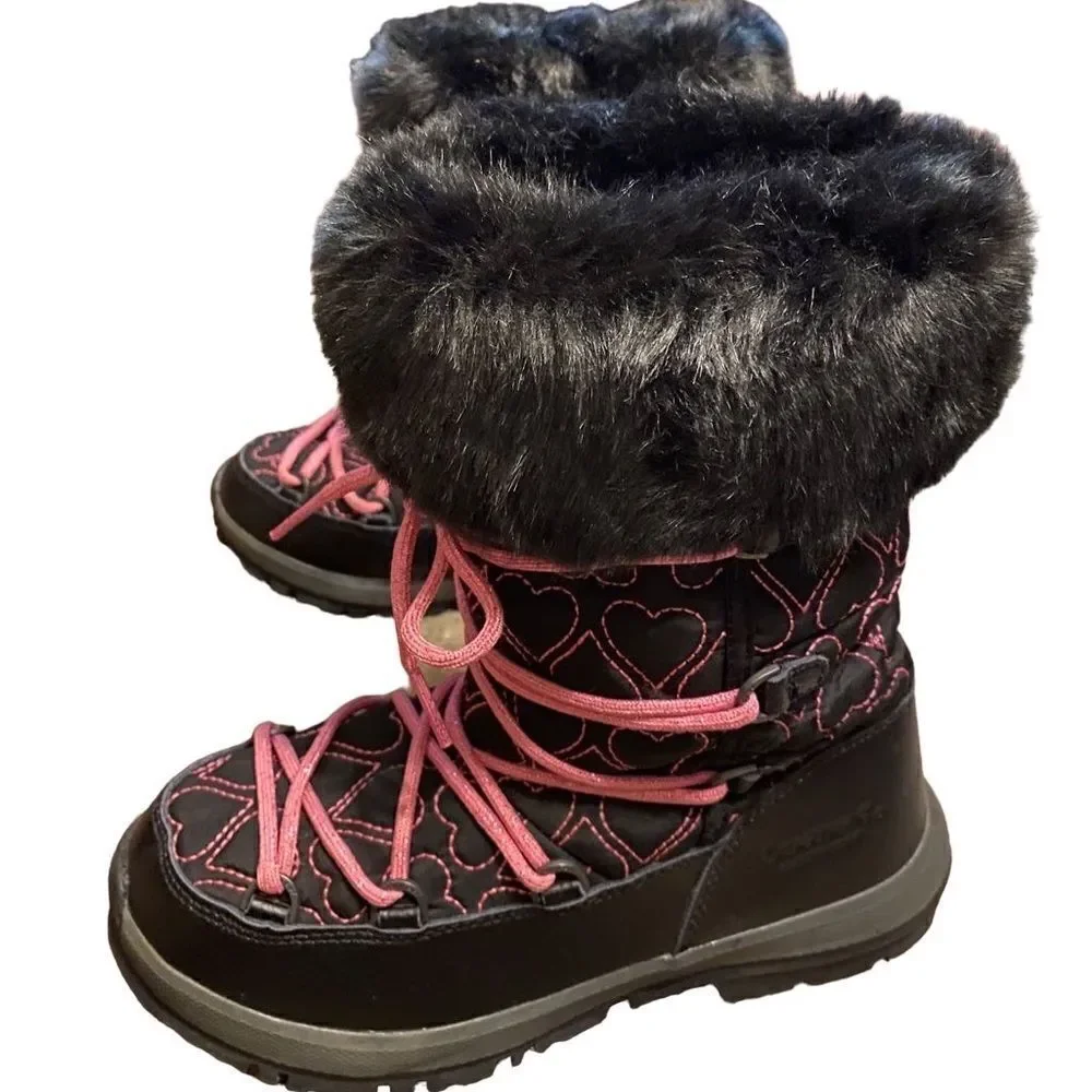 BEARPAW Meredith Girls Pink Black Heart Waterproof Snow Boots Youth 5 faux fur